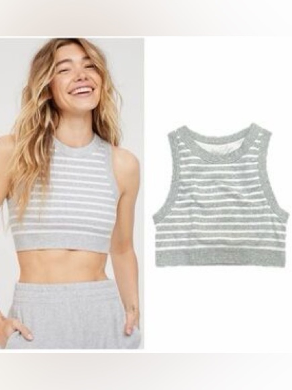 Offline By Aerie Seamless Ribbed Striped Crop Top Size Small Gray